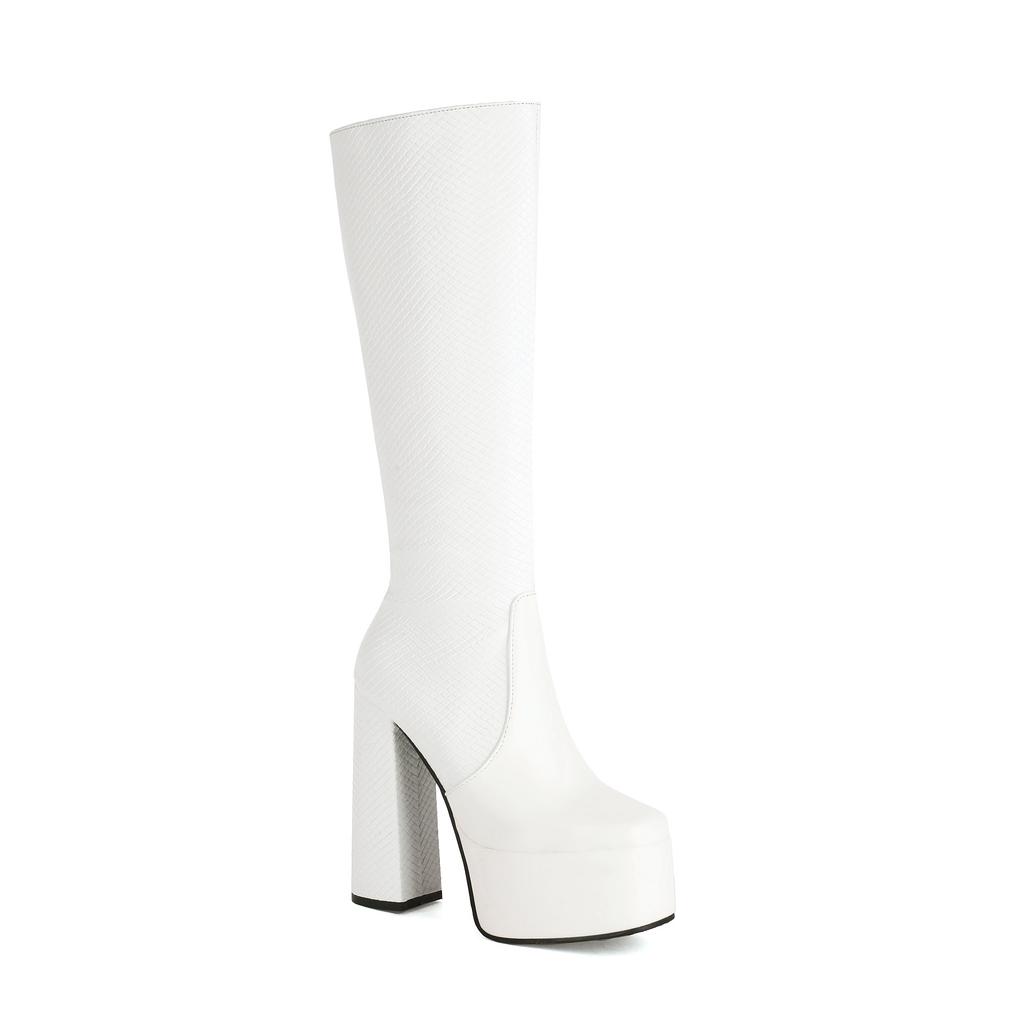 Mikrofaser mit Schlangenmuster, Spleiß-PU-Plateau, Reißverschluss-Kniehohe Stiefel, Superhoher hohler dicker Absatz mit Streifen, Sexy Damenstiefel