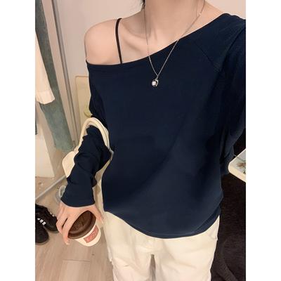 Tmavě modré sexy off-shoulder tričko s dlouhým rukávem pro ženy, off-shoulder, na začátek podzimu, líný styl, volné, zeštíhlující, jednostranný top