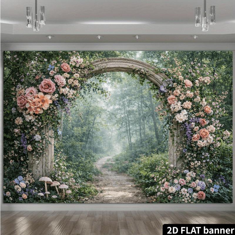 1Pcs Fantasy Garden Stone Arches Roses Hydrangeas Decoration Background Landscape Backdrop Decorations For Photo Studio Booth Party