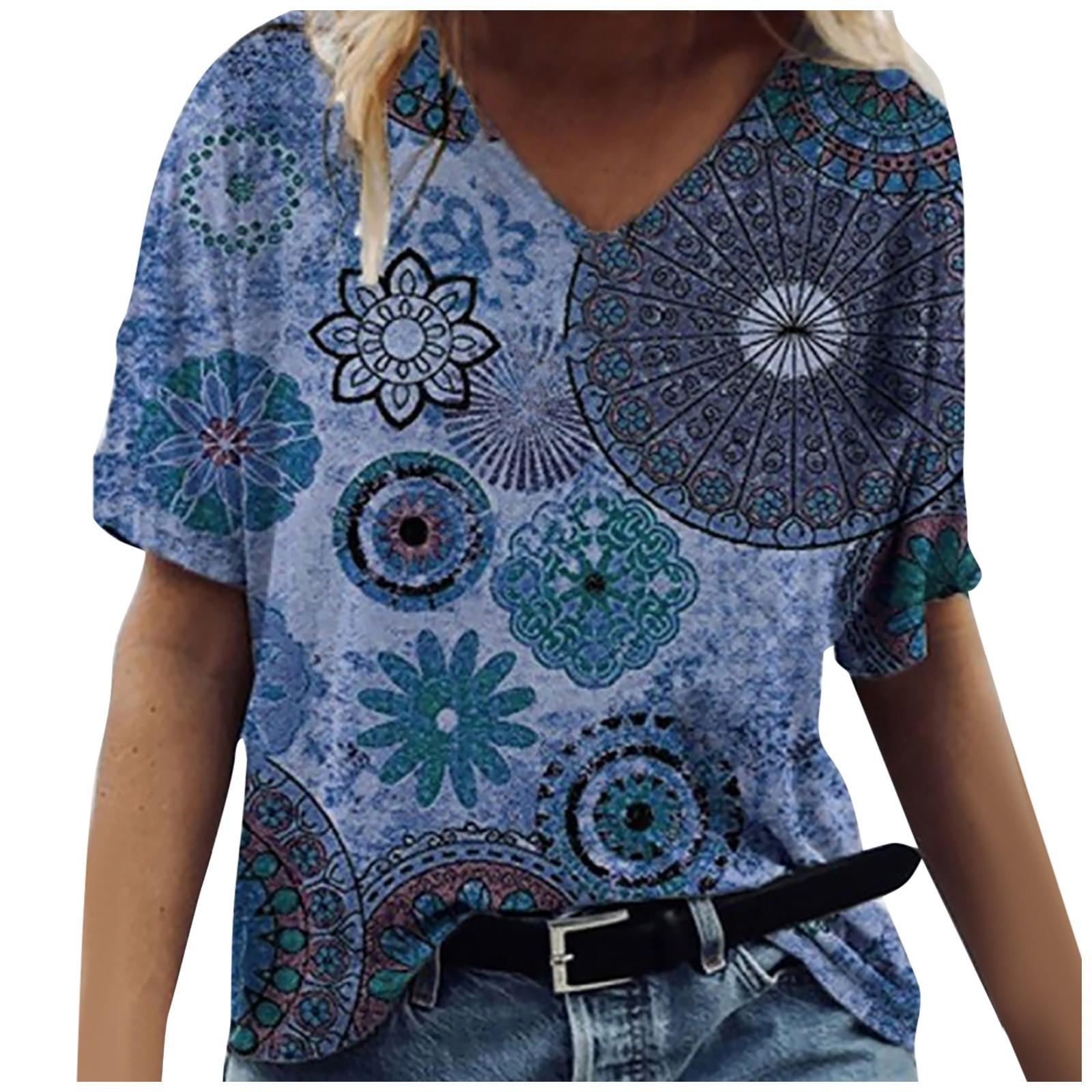 Women s Fashion Casual V-Neck Loose Comfortable Short Sleeve Print Tops Blouse L синий