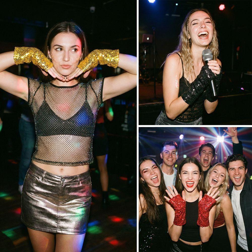 Guanti da Palco Riflettenti con Paillettes Dita Scoperte Elastiche Accessori per Performance Cosplay