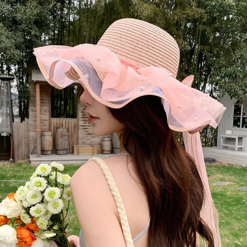 Straw Sun Hat With Wide Brim And Pearl Bow For Summer Beach Vacation