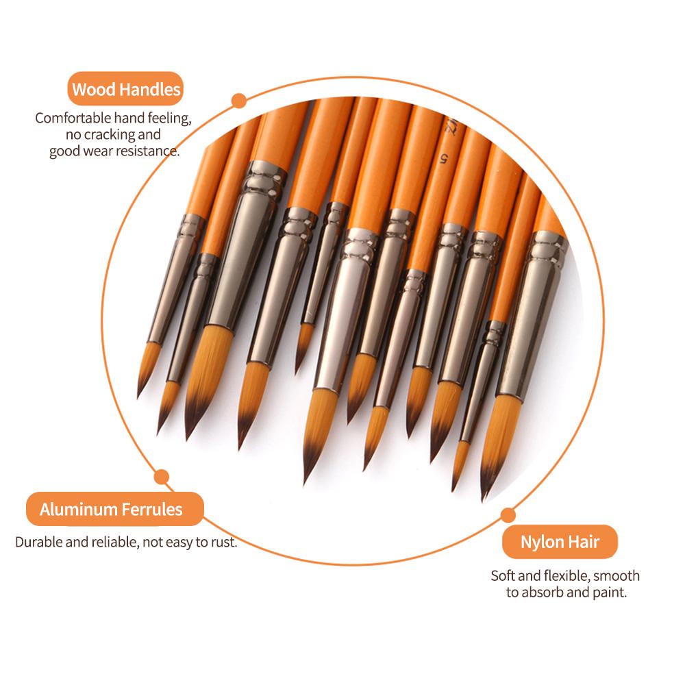 12pcs Professional Artist Paint Brushes Set Round Pointed Tip Wooden Handle Nylon Hair Paintbrush