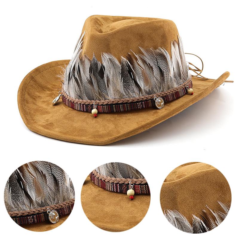 Trendy Skull Feather Cowboy Hat Men'S And Women'S Spring Autumn Outdoor Sunshade Hat Tourism Knight Hat Cool Western Cowboy Hat