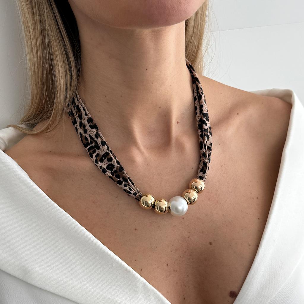 Vintage Leopard Print Silk Scarf Flannel Knotted Necklace Female, Creative Imitation Pearl Ccb Beaded Neck Chain Necklace