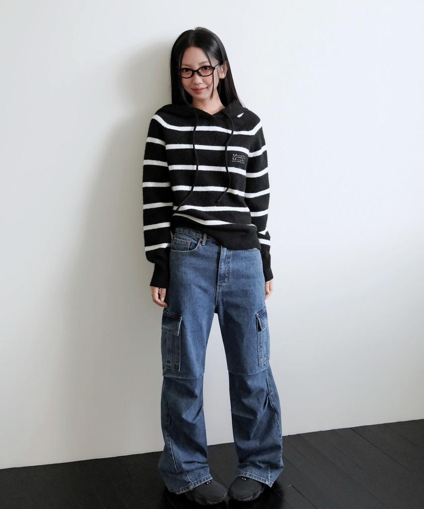 MUAHMUAH Striped Wool Brushed Hoodie Knit [Black]