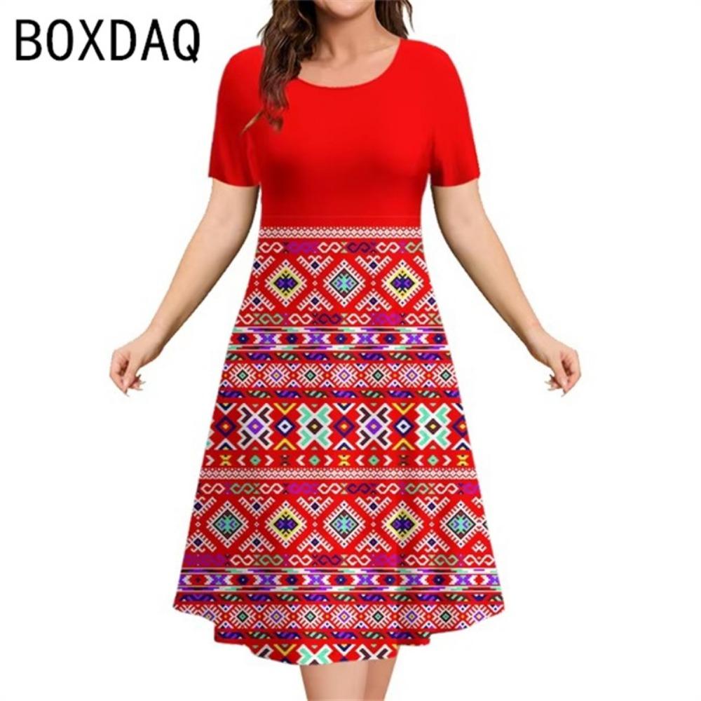 3D Vintage Ethnic Style Elegant A-Line Dress Oversized 3XL Women Short Sleeve O-Neck Casual Dress Letter Printed Casual Dresses