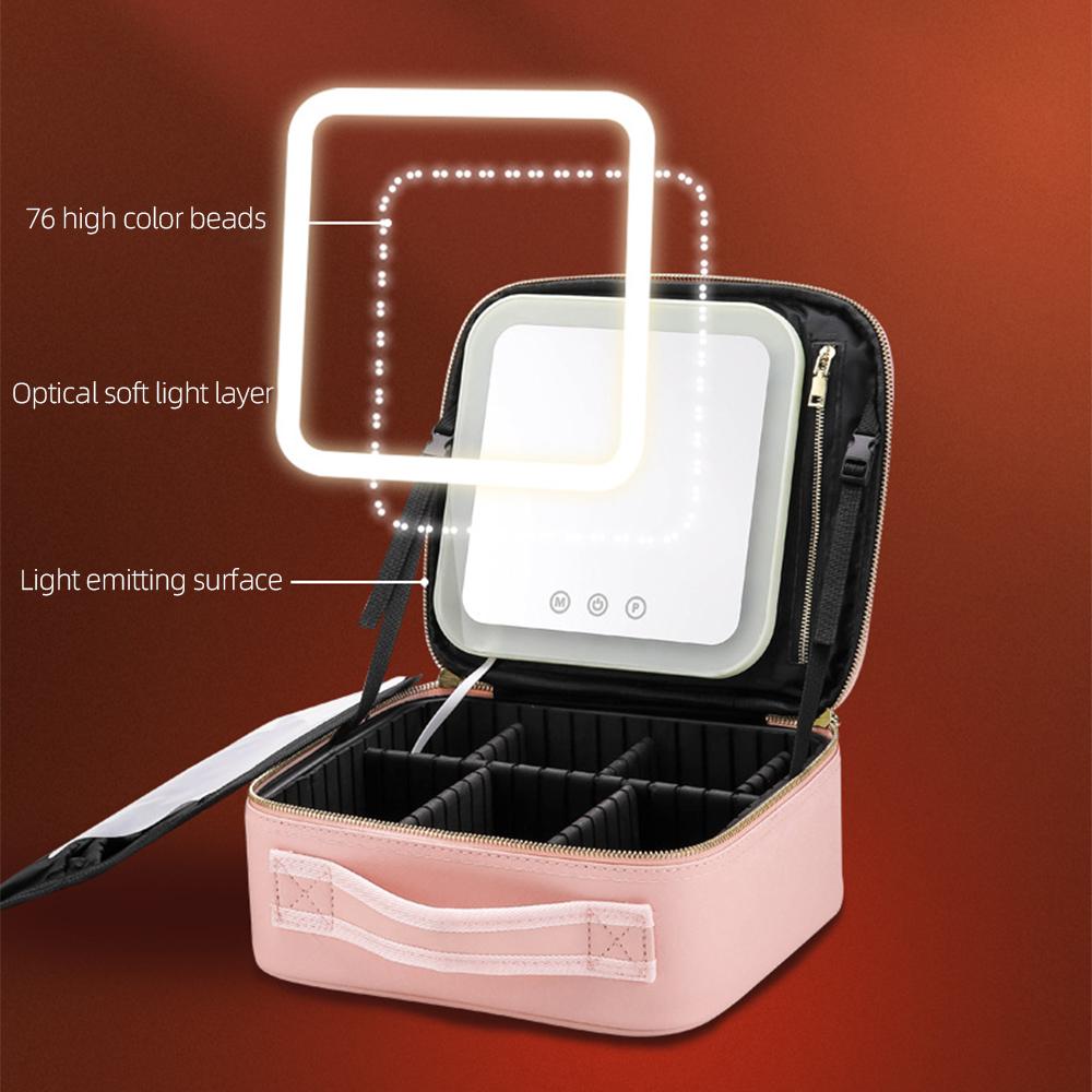 Travel Makeup Train Case with Mirror LED Light Adjustable Brightness Large Capacity Cosmetic Bag
