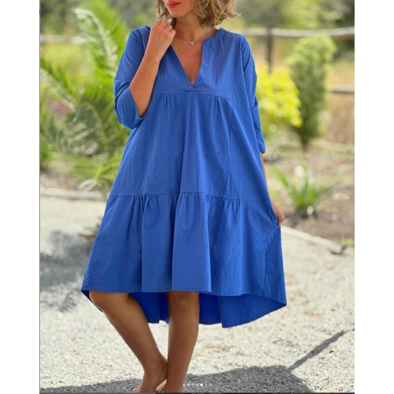

JPNTKY Fashion Summer Spring Solid Color Print 1/2 Sleeves V-Neck Casual Dresses XXXL синій