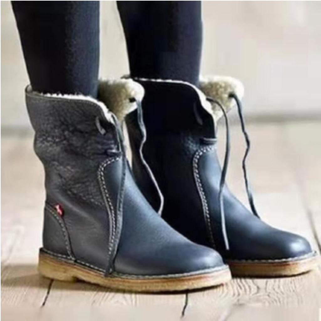 Flat Heeled Round Toe Casual Boots for Autumn and Winter Season, with Front Lace Up and Low Cut Solid Color, Women's Flat Bottom,Winter Snow Boots