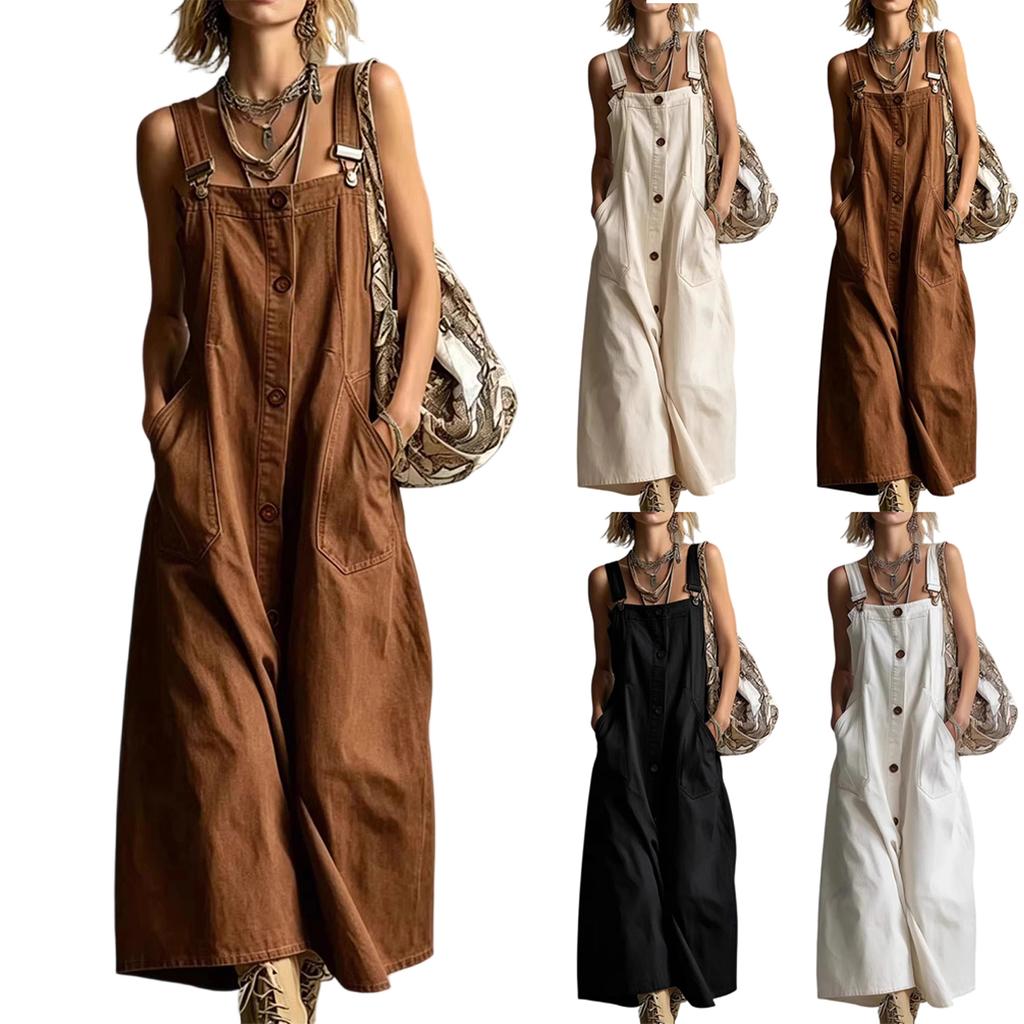 Women’s Sleeveless Button Front Overall Dress with Adjustable Straps and Large Patch Pockets Casual Loose Fit Long Skirt