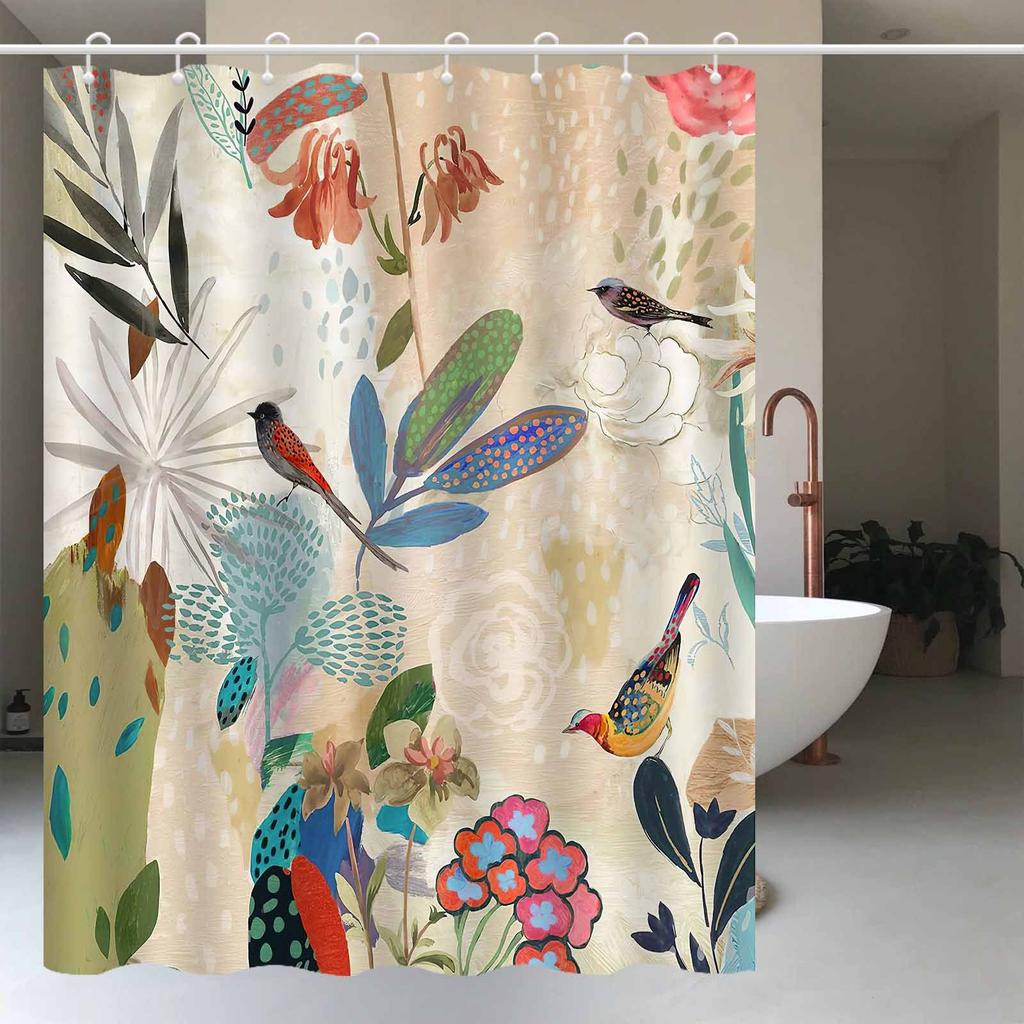 Elegant Vintage Floral & Bird Shower Curtain,  Machine Washable, Artistic Bathroom Decor, Vibrant Plant & Flower Design