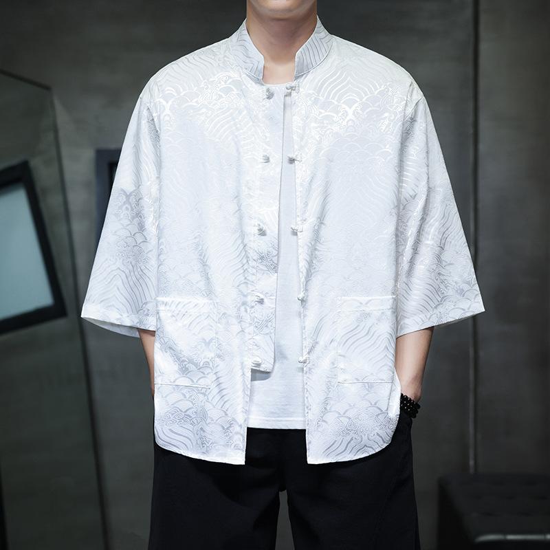 Chinese style ice silk seven-quarter-sleeved shirt men's Tang suit buckle Hanfu large size printed short-sleeved shirt ethnic style