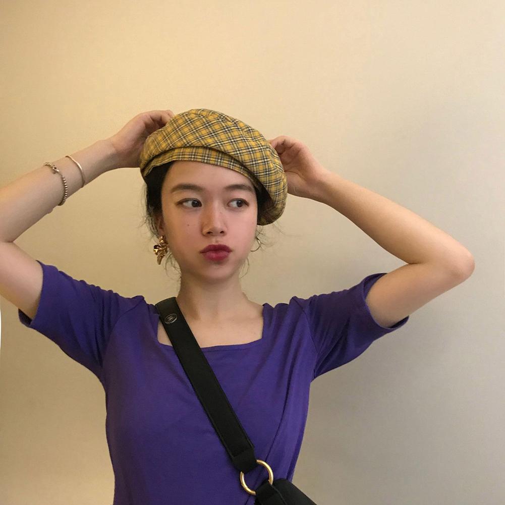 Women Retro Style Thin All Match Plaid Printing Beret Painter Cap