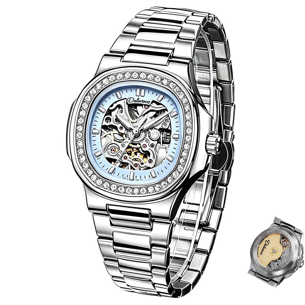 Skeleton Mechanical Watches Rose Gold Case Diamond Bezel Luminous Waterproof Fluororubber Strap Watch
