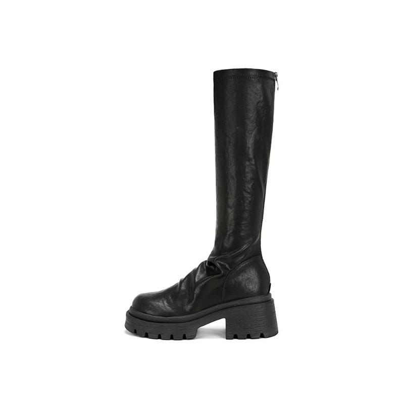 [Xu Jiaqi]~ Autumn and winter thick-soled thick-heeled pleated medium-high elastic stacking boots women's boots