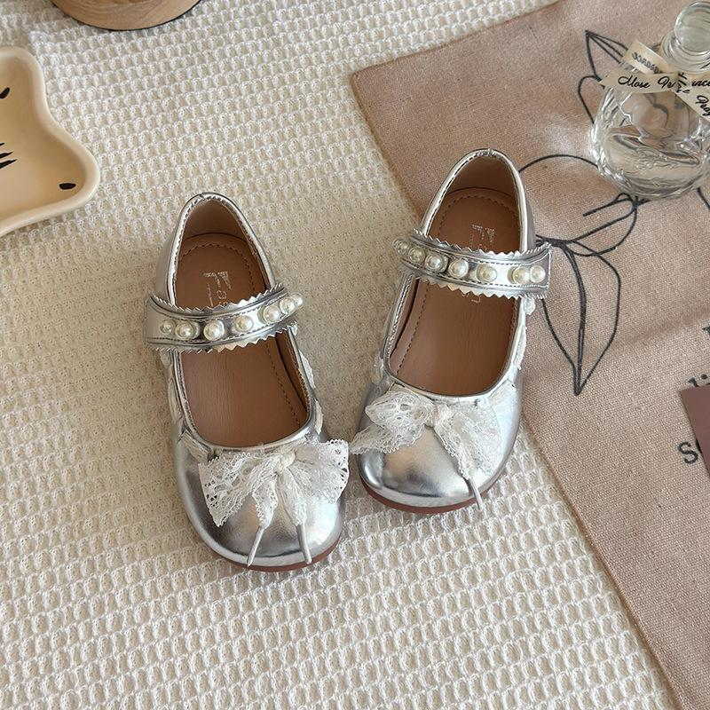 Mädchen Prinzessin Schuhe Mesh Spitze Schleife Kinder Ballerinas Runde Zehen Süß 2025 Neu Mädchen Lederschuhe für Party Hochzeit Niedlich Perle