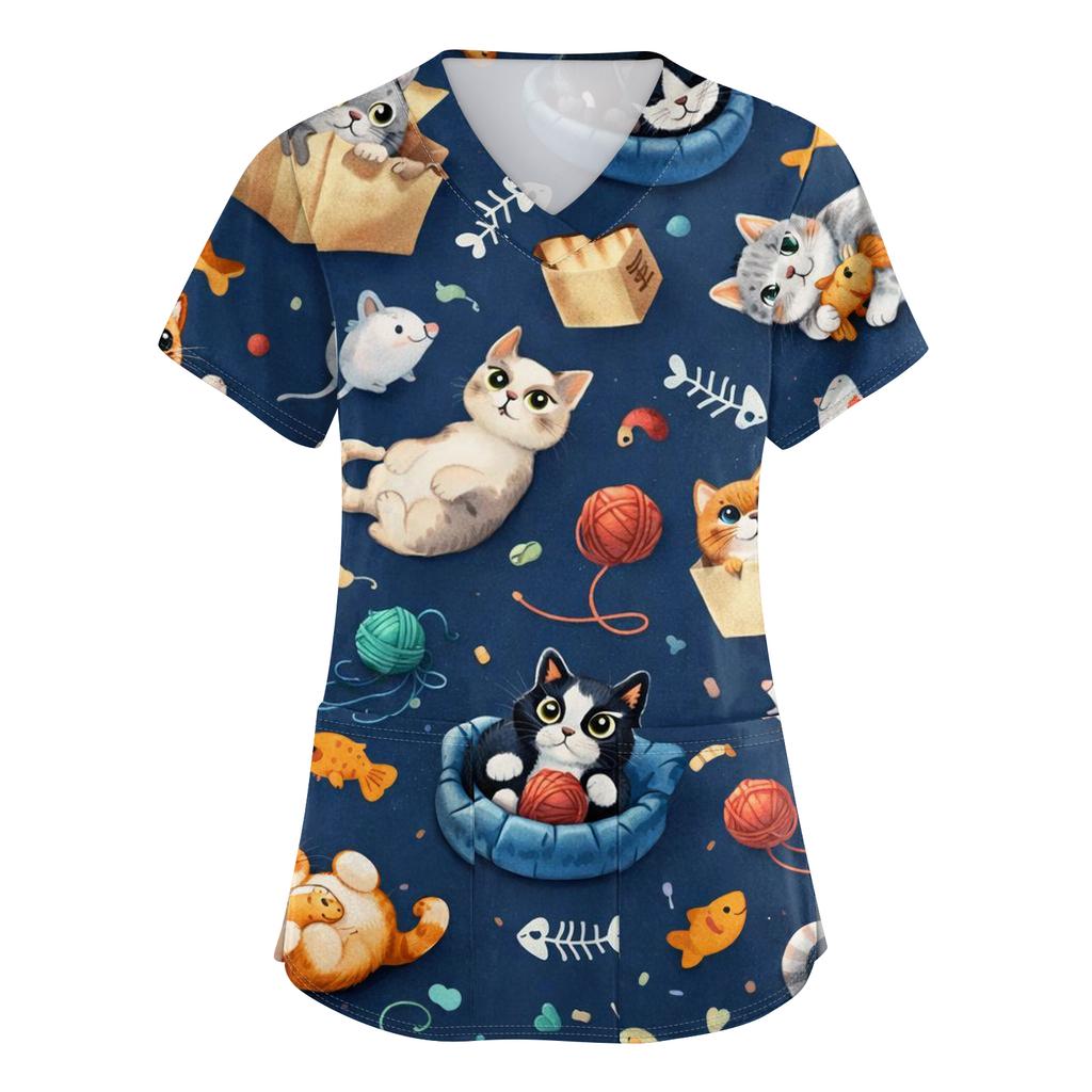 Women's Casual Short-Sleeve Cute Animal Print V-Neck Pocket Workwear Top