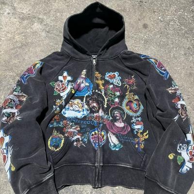 Amerikansk retro-huvtröja för män och kvinnor. Parmodeller Skull Lazy Wind Print Huvtröja med långärmad dragkedja Huvtröja