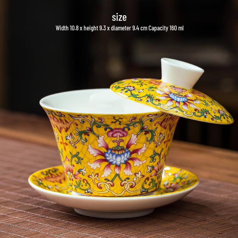 Large Retro Ceramic Famille Rose Sancai Gaiwan Tea Cup for Home Use