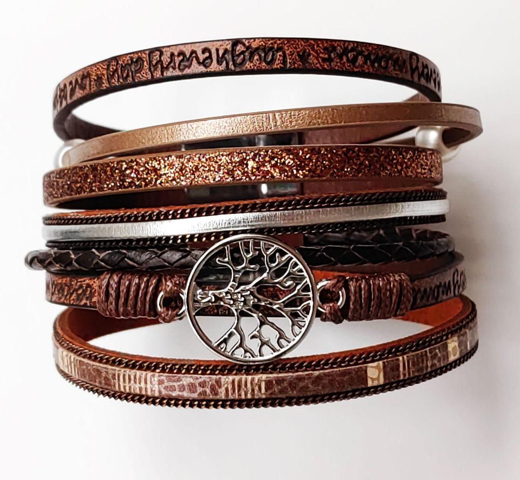 Hollow Tree of Life Multi-Layer Pearl Leather Bracelet with Magnetic Clasp