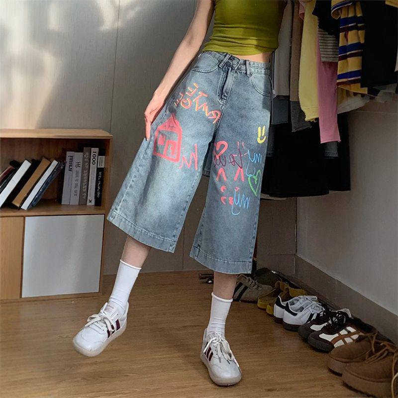 2025 Summer Graffiti Plus Size Wide Leg Capris for Women S
