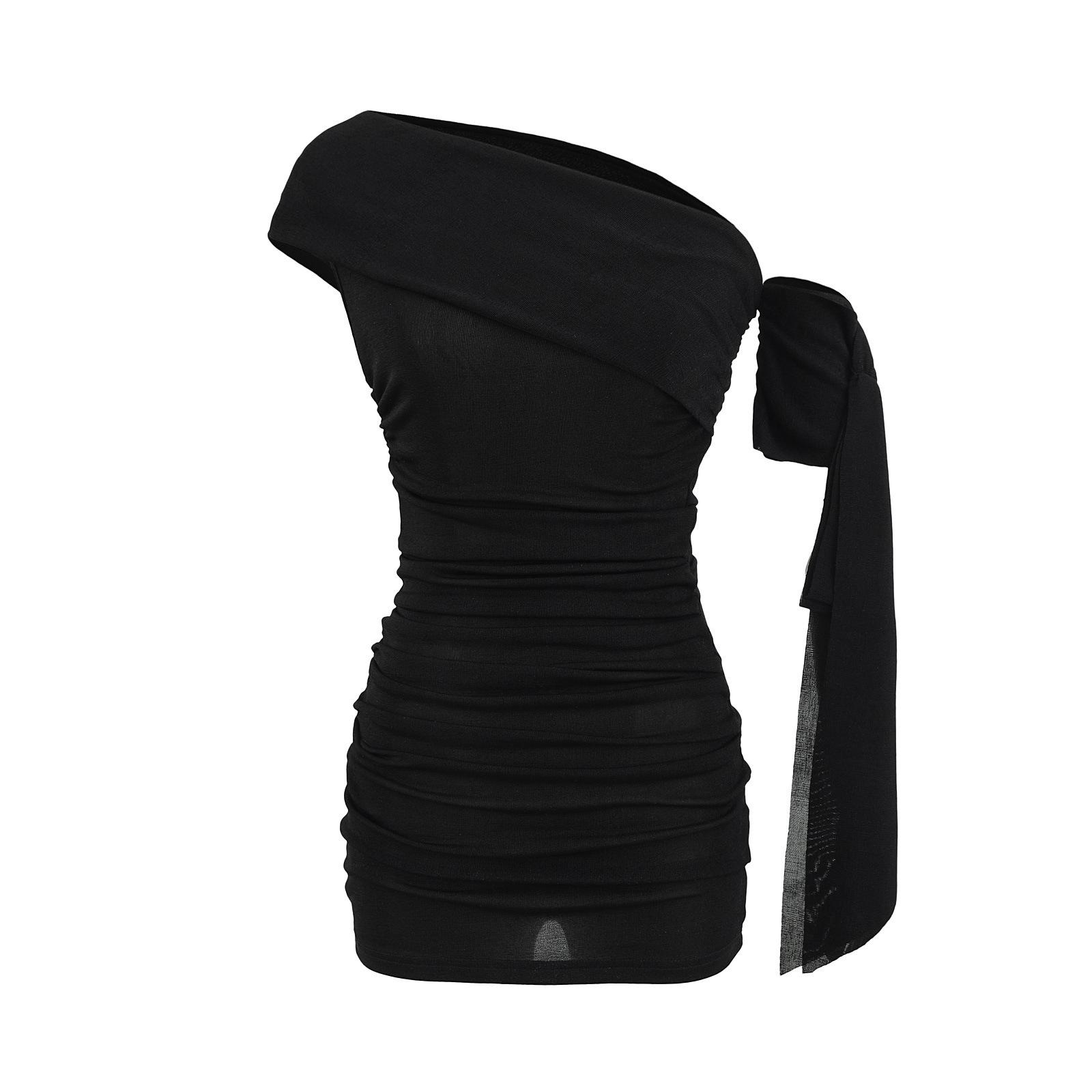 Spicy Desire Off-Shoulder Mini Dress with Flowy Ribbon & Pleated Bodycon Skirt Large чёрный