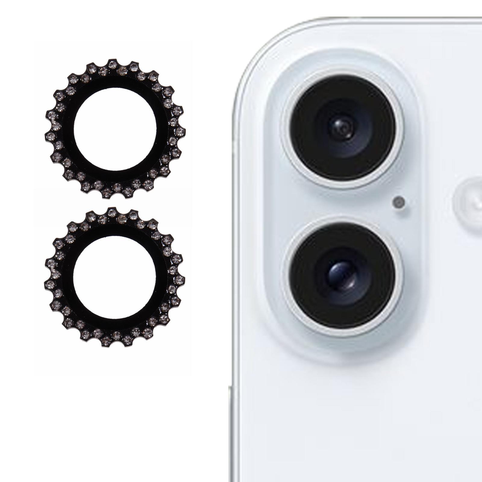 

2Pcs/Set For iPhone 16/16 Plus Camera Lens Protector Gear Shape Rhinestone Decor Corning Gorilla Glass Lens Film Black