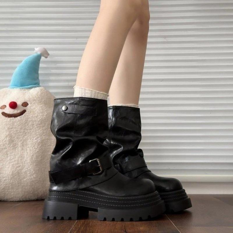 Black Small Rubber Square Heel Medium Heel Women's New Winter Retro Trouser Boots Versatile Fashion Boots