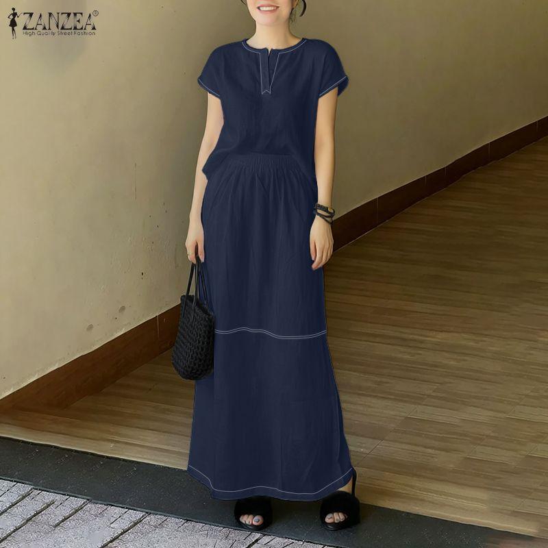 ZANZEA Women Short Sleeve Blouse and Long Skirts Summer Two Piece Suit Sets