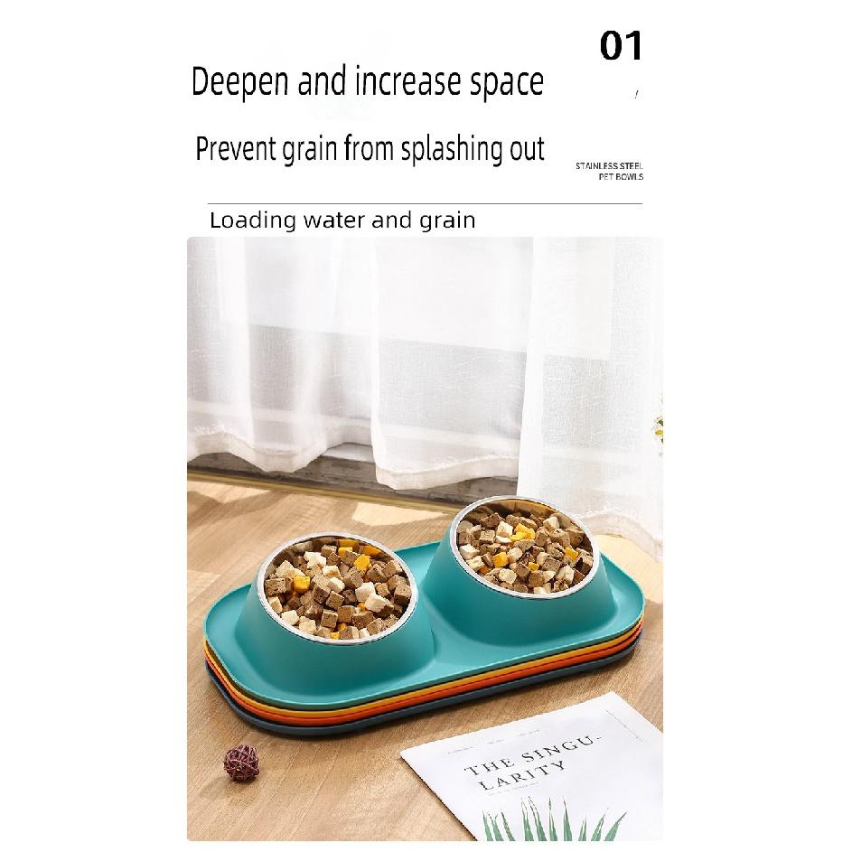 1pc Stainless Steel Double Cat Dog Bowl Cat Food Container Non-slip Base Pet Water Feeder Tilt Safeguard Neck Puppy Cats Bowls