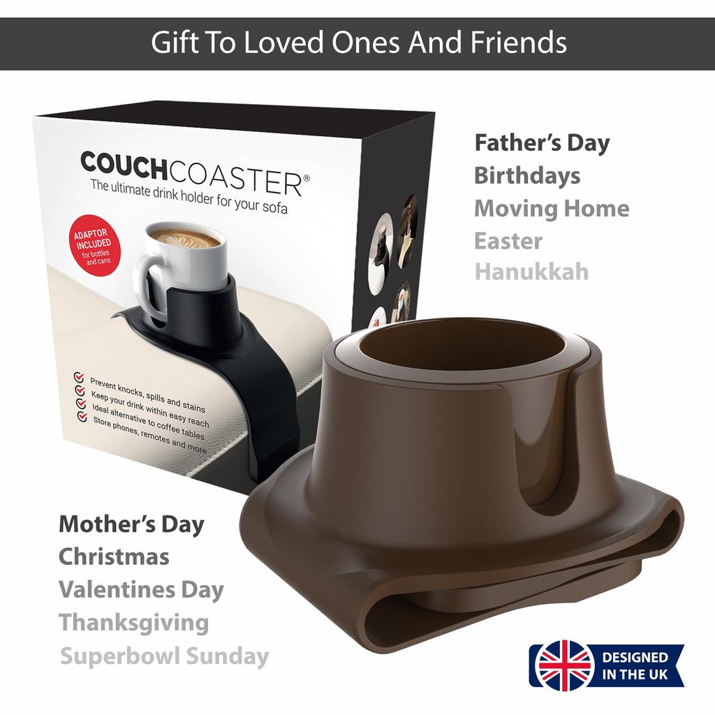 HIT PRODUCTS CouchCoaster Cup Holder Holds and Cups Chair/Sofa Spill-Free - Drinks, Glasses, - Armrest/Table (Brown)