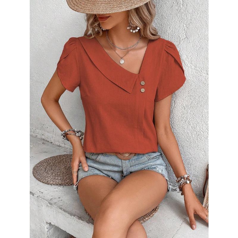 2026 Summer New Oblique Collar Loose Women Blouse Casual Solid Color Shirt Ladies Simple Button Sweet Petal Sleeves Tees Tops Fashion Elegant Clothes