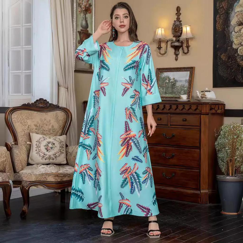 Ethnic Style Saudi Muslim Women's Robe - Cross-Border Print with Beads and Hot Drills