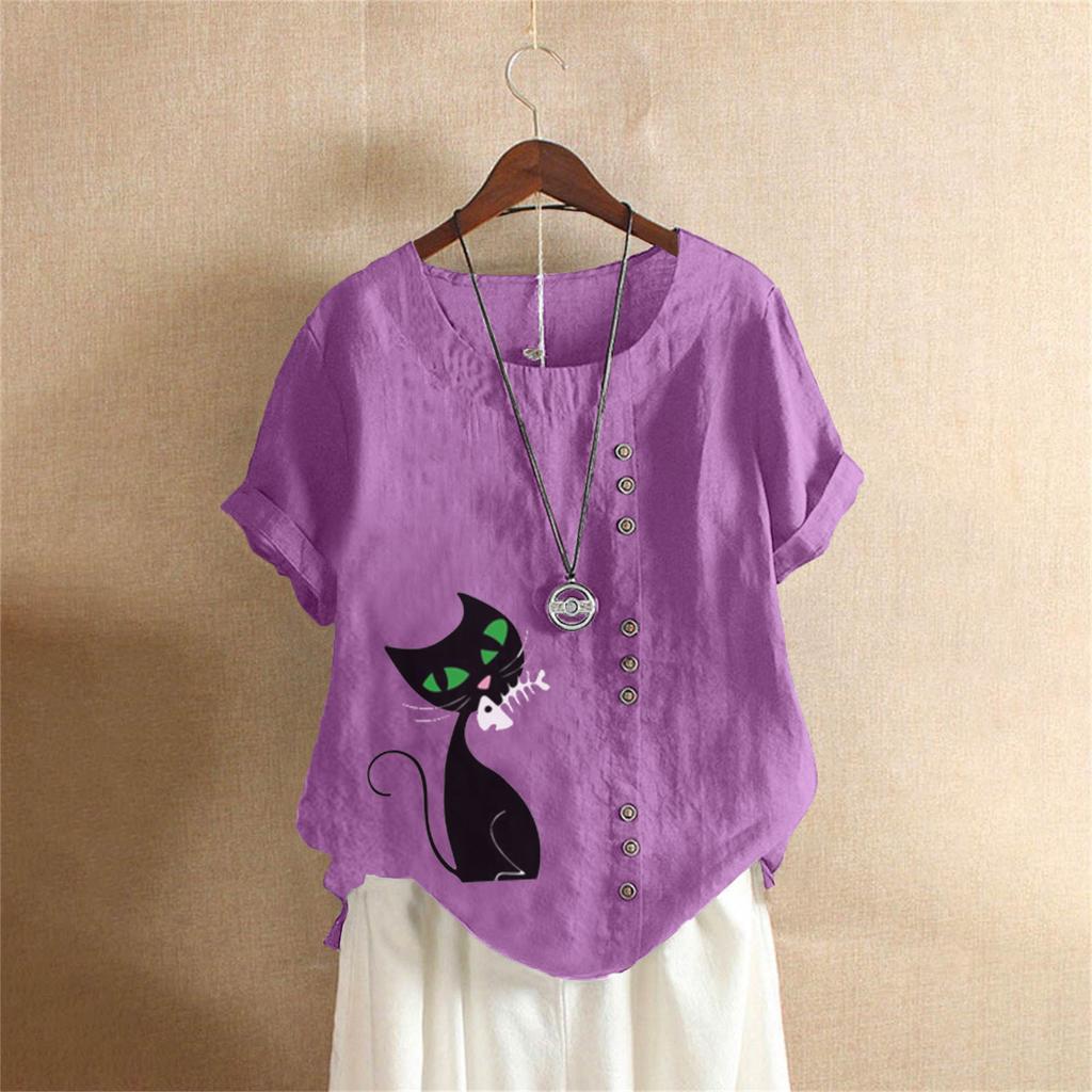 Summer Oversized Cotton and Linen Short-sleeved T-shirt, Cotton and Linen Cat Printed Oversized Women's Clothing