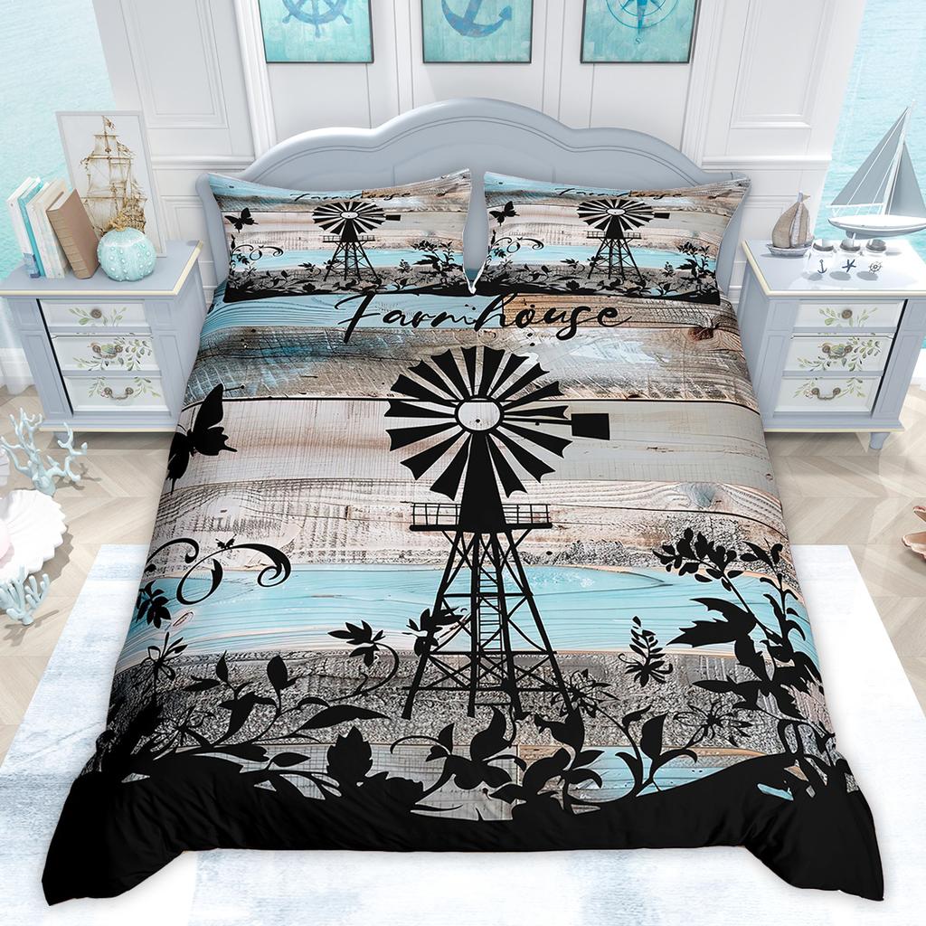 Comforter Homewish Rustic Farmhouse Retro Windmill Old Barn Door Bedding Set Vintage Lodge Cabin Comforter Set