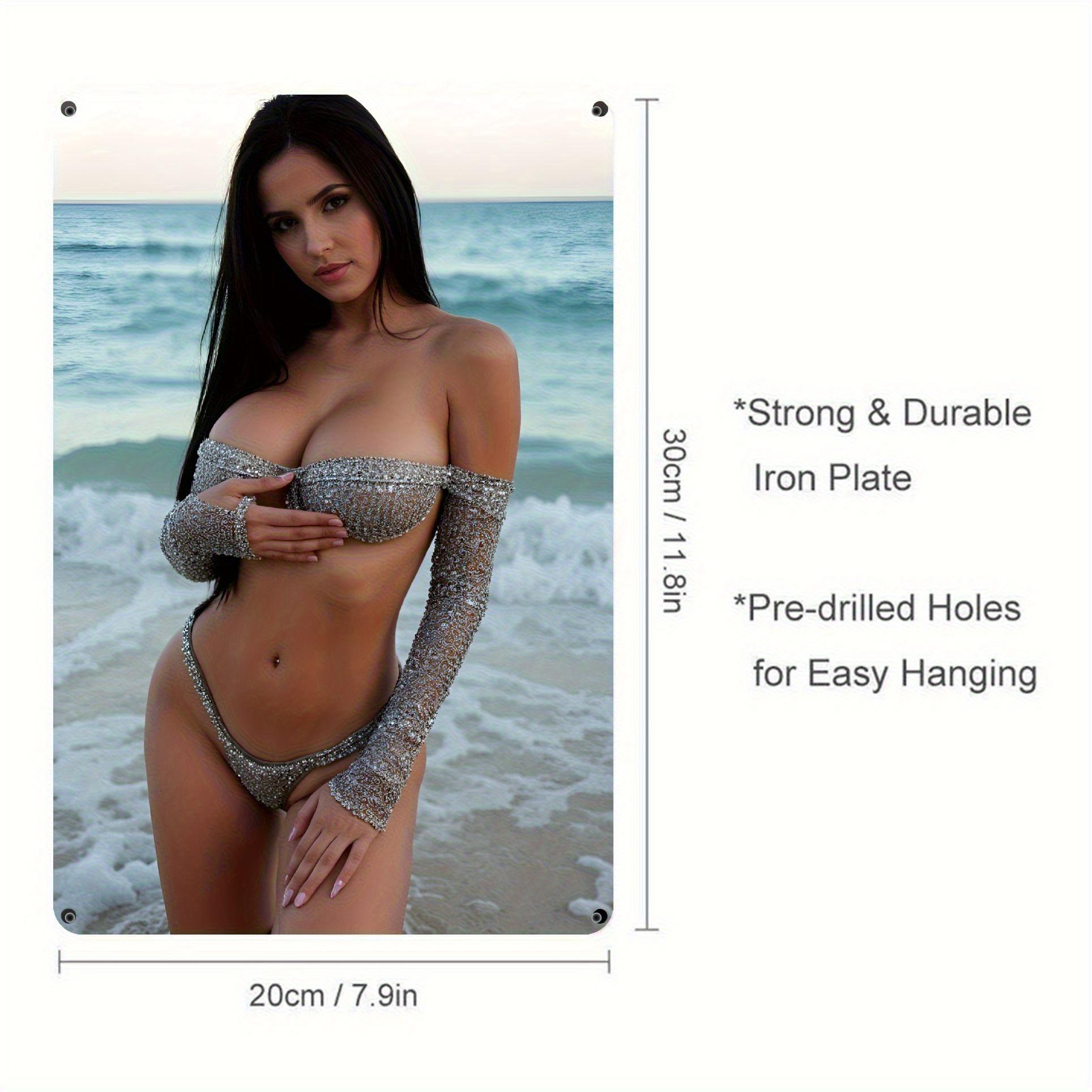 

HD Metal Tin Sign Stunning Woman in Silver Rhinestone OffShoulder Bikini on Beach Vintage Poster Glamorous Swimwear Style Wal 20x30cm（7.8x11.8inch）