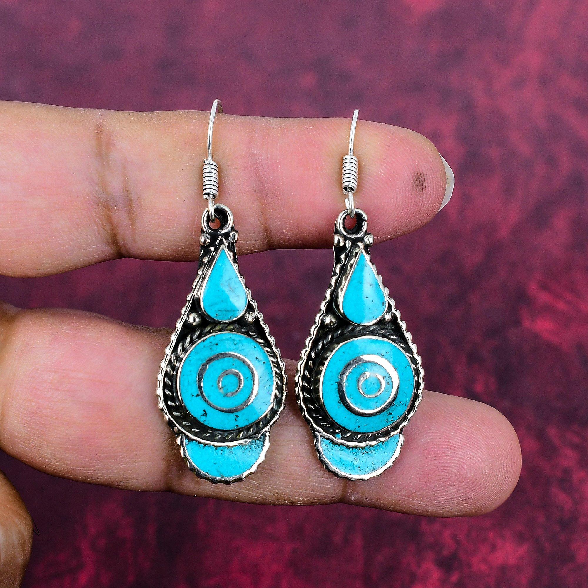 

Серьги с бирюзой, Ювелирные изделия из стерлингового серебра 925 пробы с драгоценными камнями, Непальские серьги ручной работы, На День благодарения 2.08 Inches