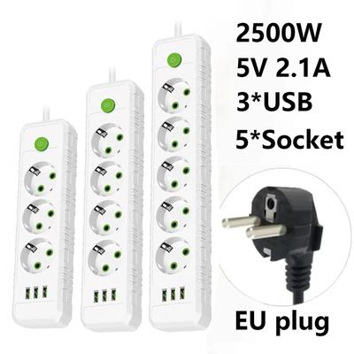 Régua de energia de plugue da UE 3/4/5 CA Tomada múltipla Cabo de extensão de 2 m Tomada elétrica com 3 portas USB Filtro de rede de 2500 W