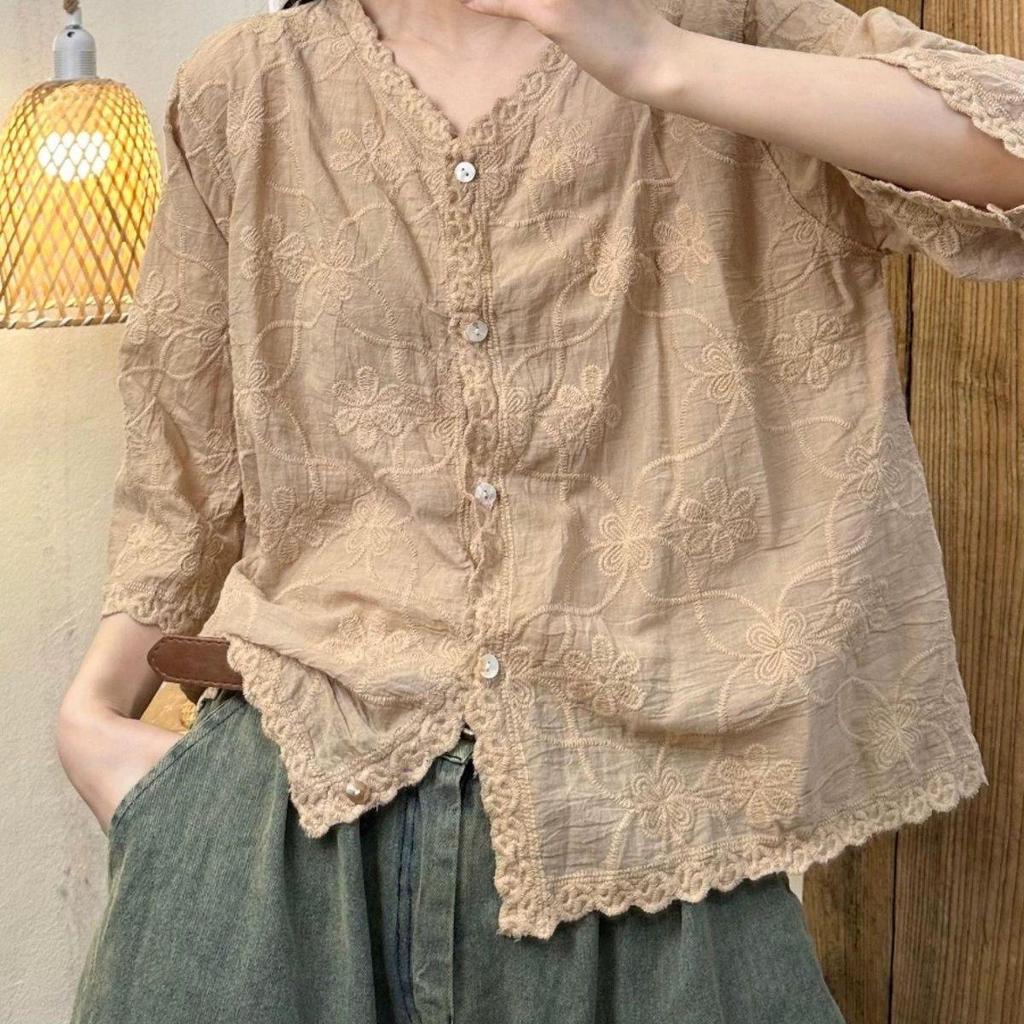 Summer Mori Girl Cotton Blouse with Floral Embroidery and V-Neck