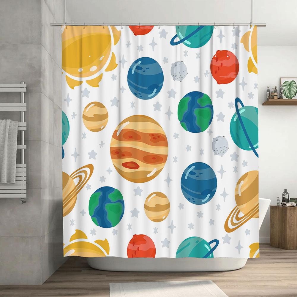 Vibrant Planet Shower CurtainGalaxy Pattern Decorative Plastic Rod Pocket Waterproof Fabric Bath Mat for Home Decoration Multi C