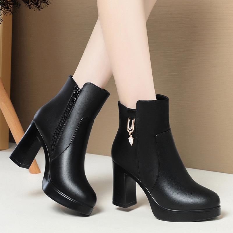 winter super high heel short boots women's waterproof table thick heel short tube women's boots velvet women's cotton leather shoes 9cm