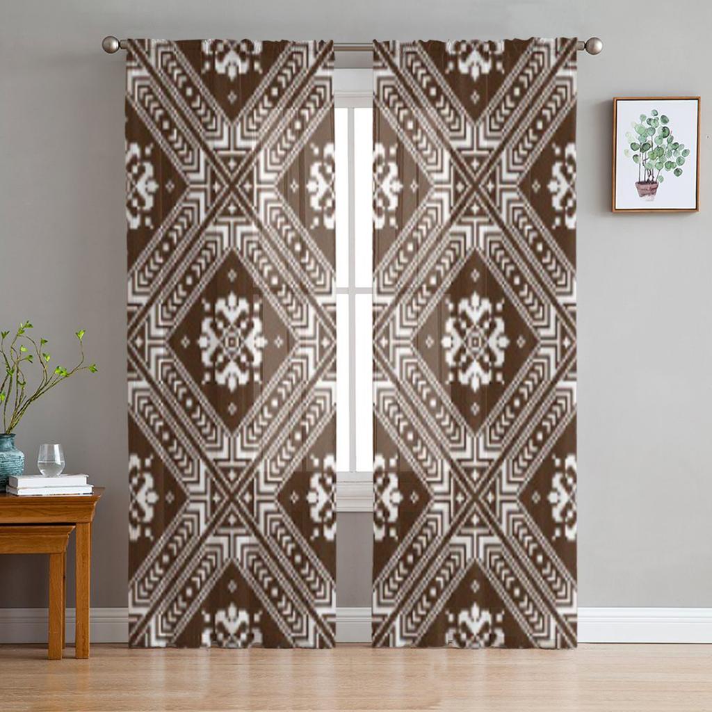 Ukrainian Folk Ornament Ethnic Sheer Curtains for Living Room Transparent Tulle Window Curtain Bedroom Kitchen Decor Veil Drapes