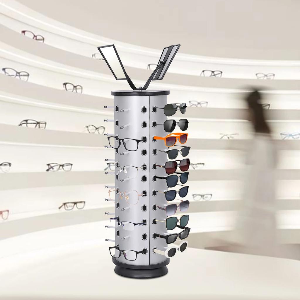44 Pairs Glass Rotating Sunglass Display Rack Freestanding W/ Mirror Eyeglasses Stand, Commercial Eyewear Organizer for Store