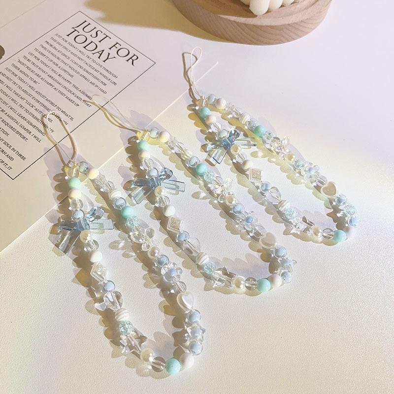 Blue Pink Bowkont Beads Phone Chain Sweet Cool Love Bear Hanging Rope Camera Lanyard Anti-Lost Wrist Straps Bag Accessories