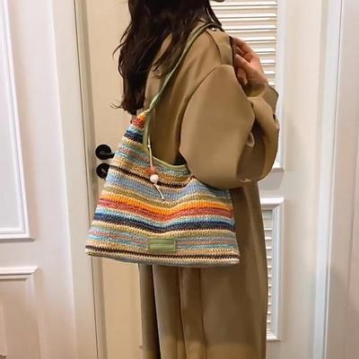 Chic Striped Woven Shoulder Bag for Girls Women Large Capacity Summer Beach Straw Tote Bag for Everyday & Vacation Use CLE