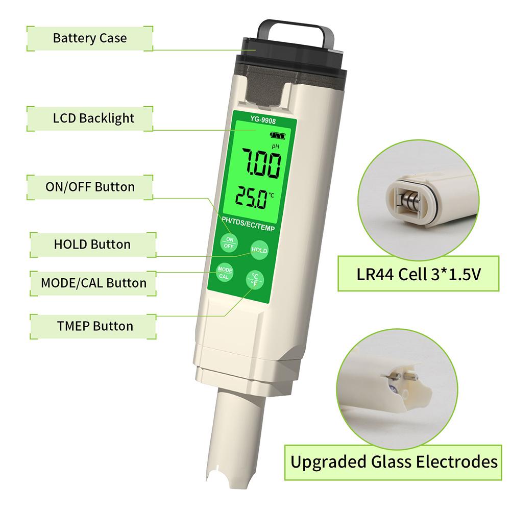 Digital PH Meter Hydroponic Water Quality Tester LCD Backlight Thermometer PH/EC/TDS Meter for Aquariums Drinking Water Spa