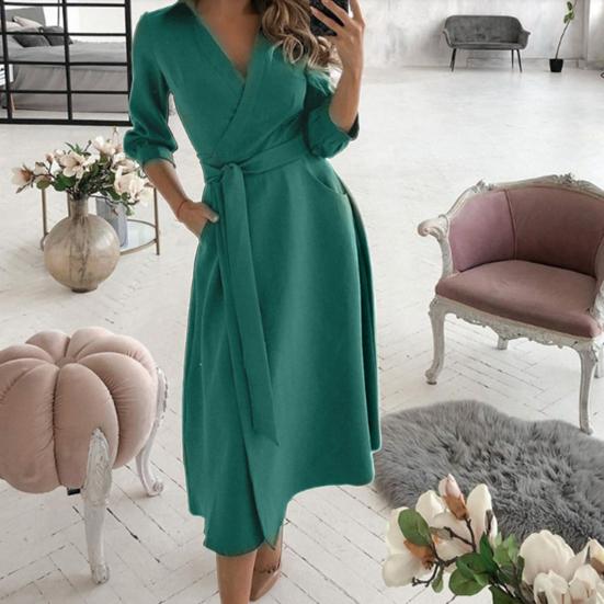 Kadın Elbise Uzun Kollu Geniş Etek Derin V Yaka Düz Renk Baskılı Kemerli Elbise İlkbahar/Yaz için Sokak Giyimi