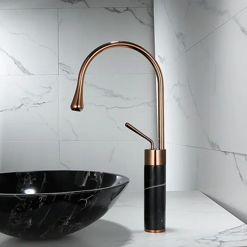 Rose Gold Bathroom Basin Faucet - Brass & Marble Mixer Tap, Hot/Cold Water for Lavatory