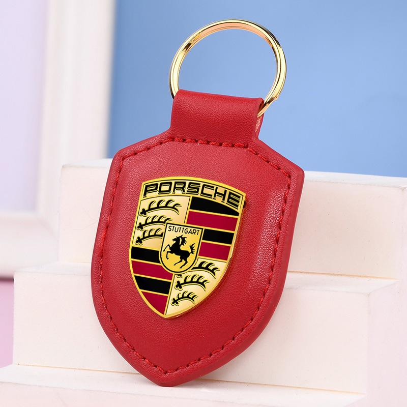 Car Leather Keychain Holder Shield Key Ring Chain Pendant Gifts For Porsche Macan 911 718 Taycan Panamera Cayenne Boxster Cayman